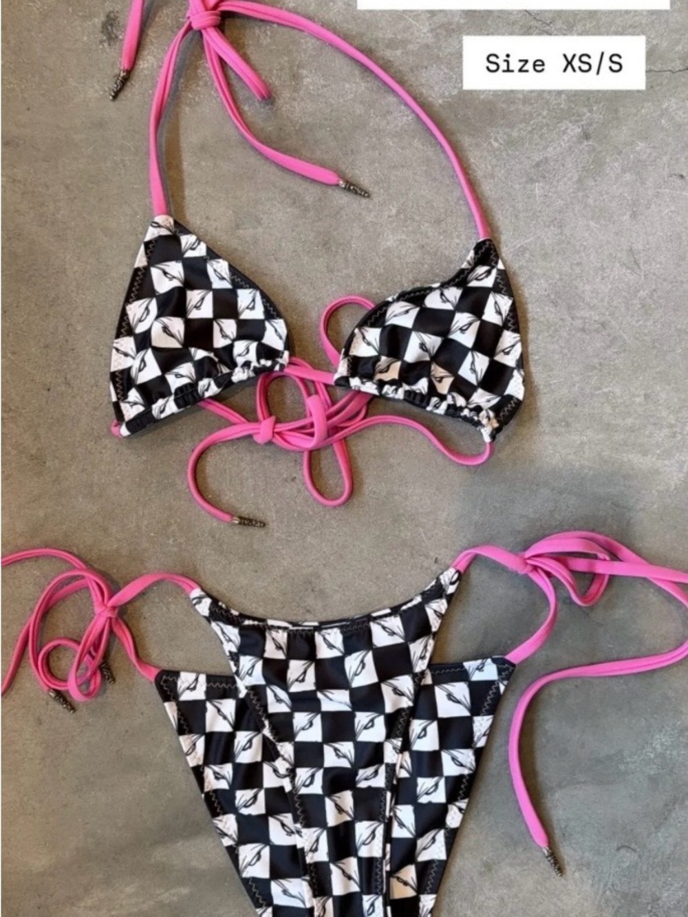Chrome Hearts Black & White Checkerboard Bikini with Pink Ties